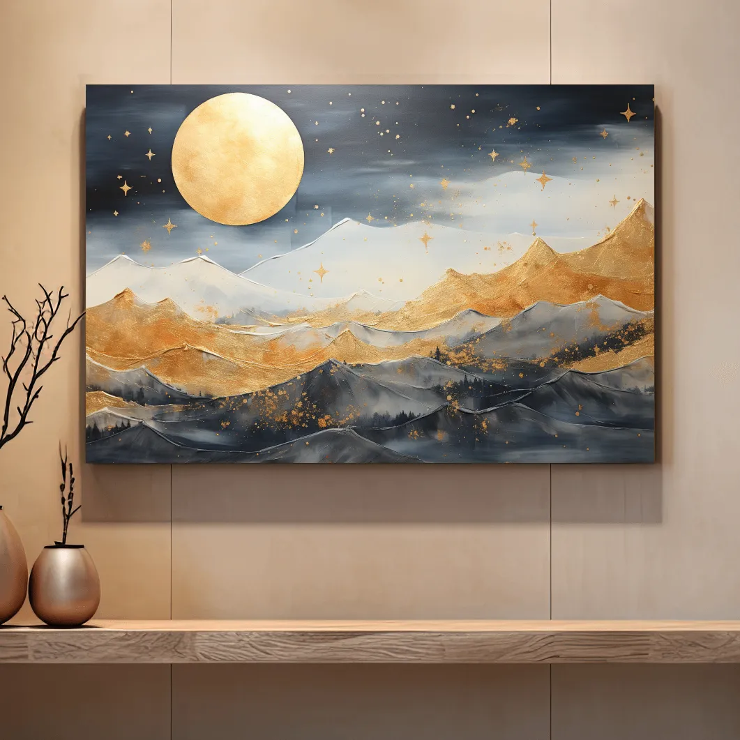 Elegant gold painting of mountains under the stars