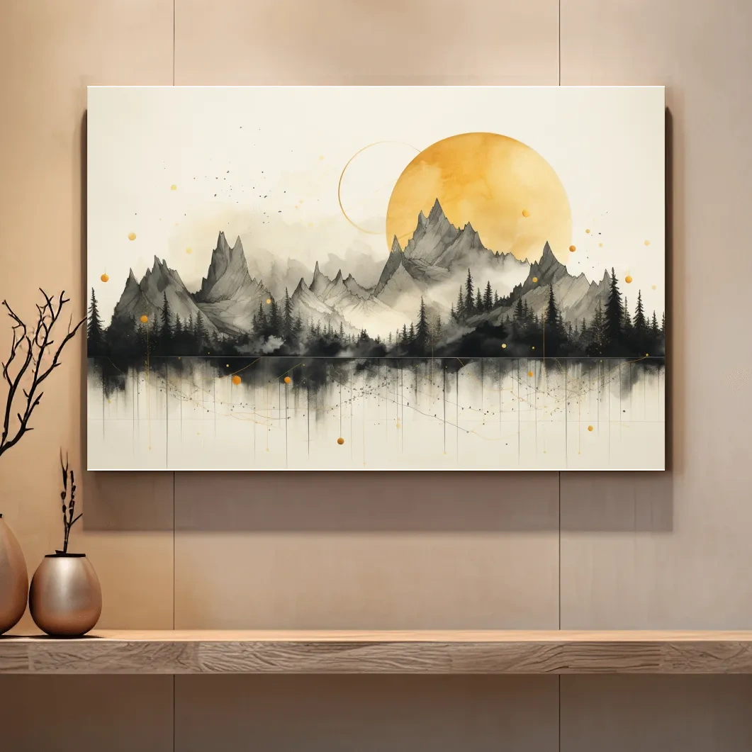Drawing of jagged mountain peaks under the sun