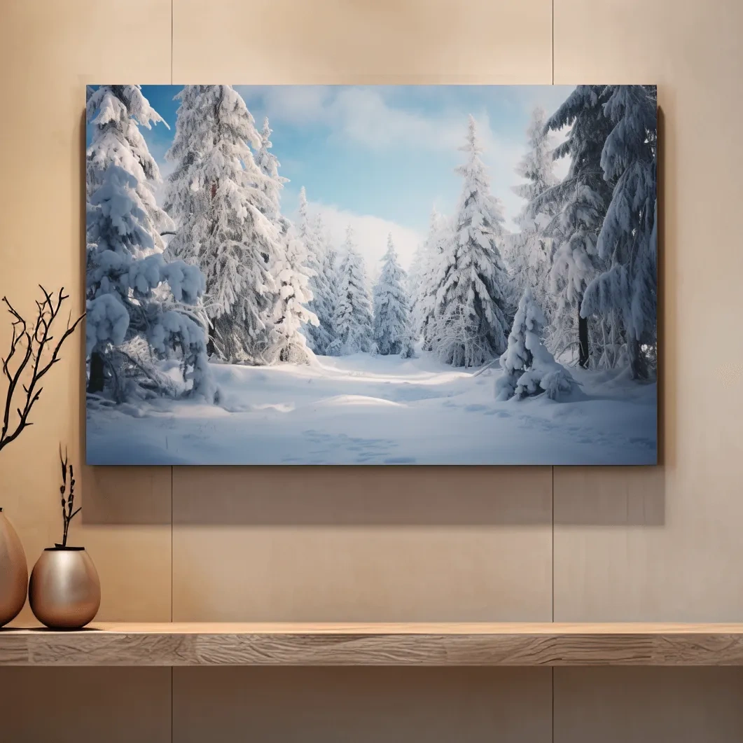Photographic art, snow covered hemlock trees