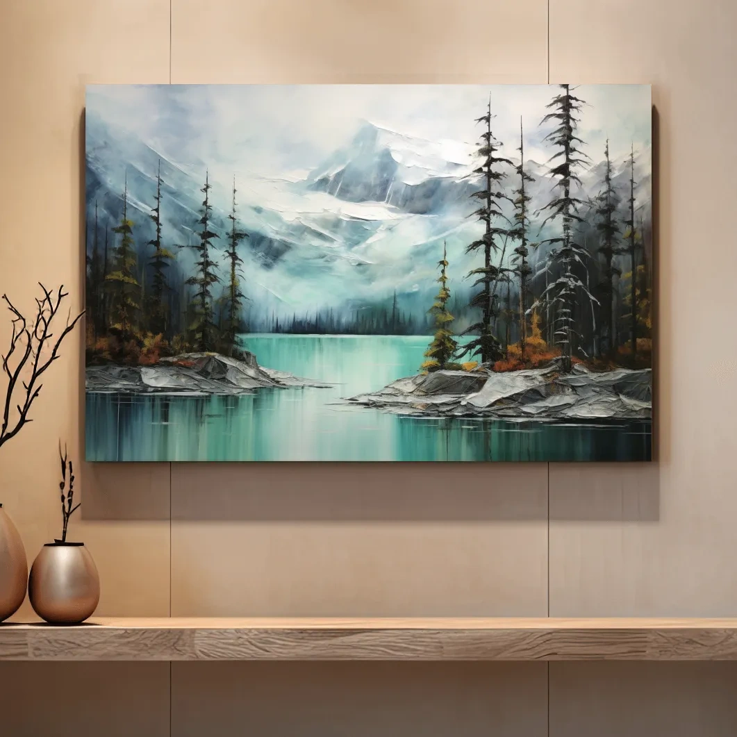 Misty Turquoise Mountain Lake Painting - Serene Alpine Forest Landscape Wall Art