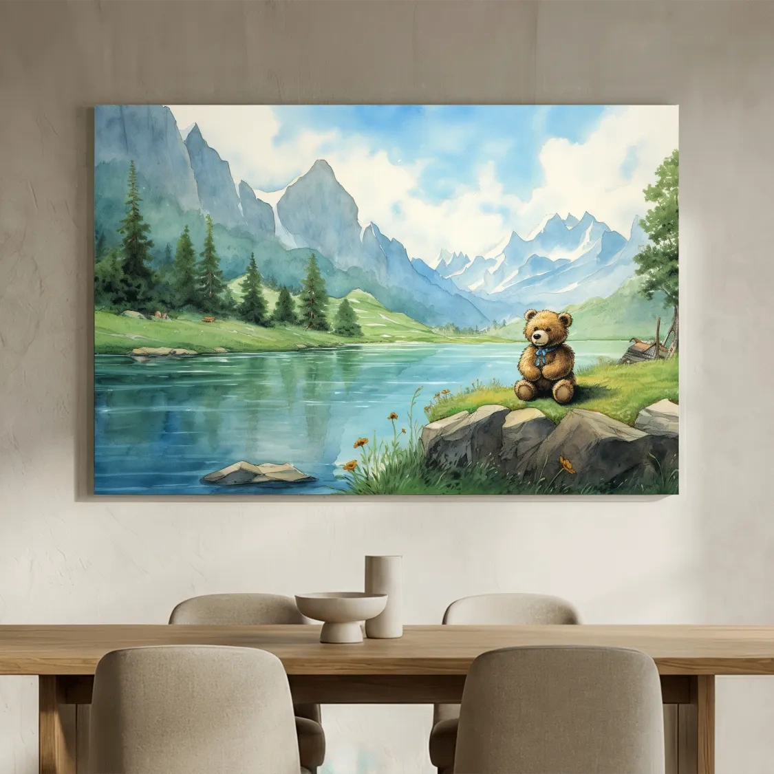 Whimsical Teddy Bear By Mountain Lake - Cute Watercolor Nursery Wall Art