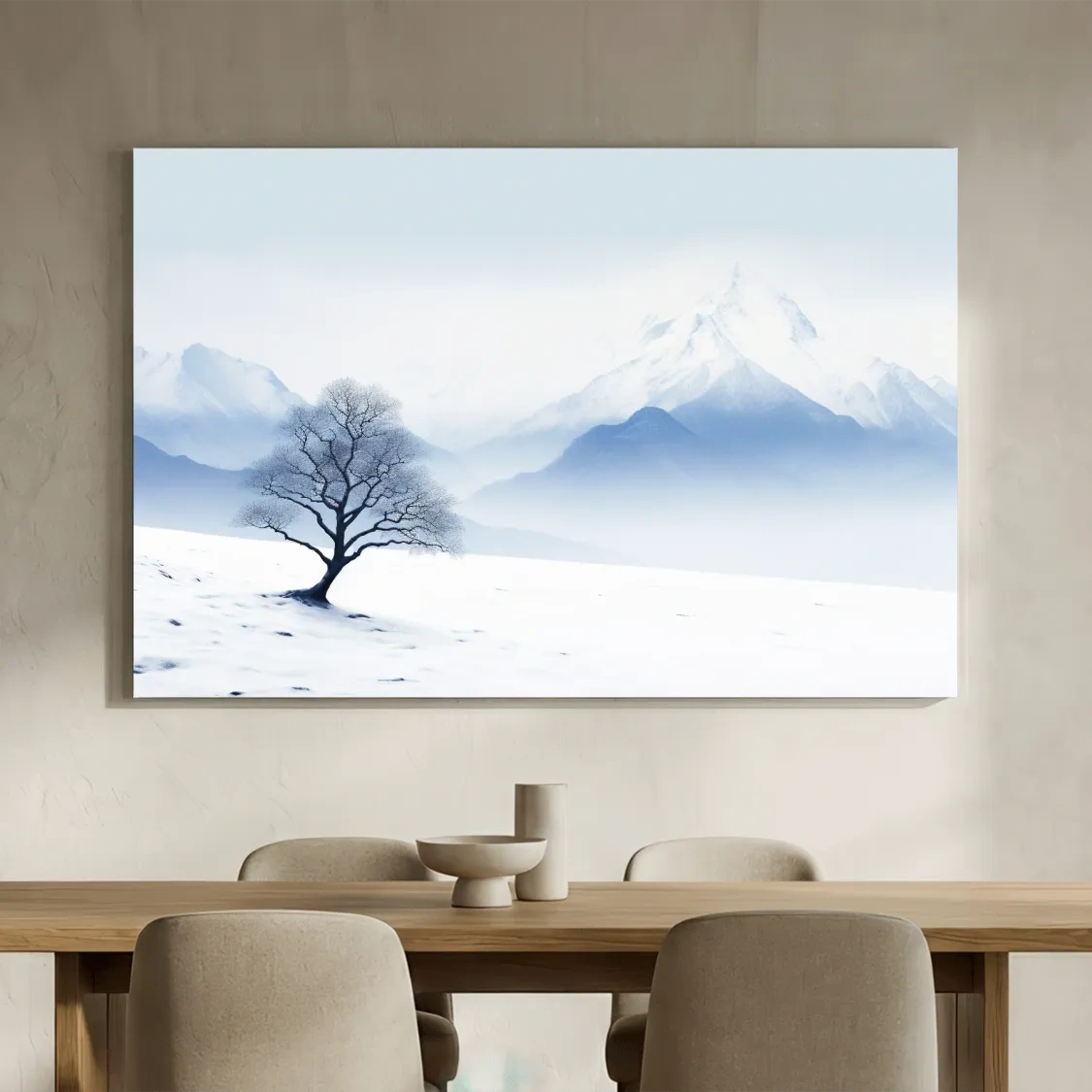 Minimalist Snowy Mountain Landscape With Lone Tree - Serene Winter Painting Wall Art