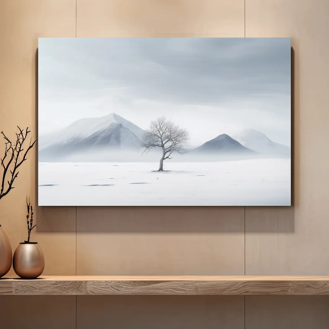 Minimal art, painting of a tree in the snow