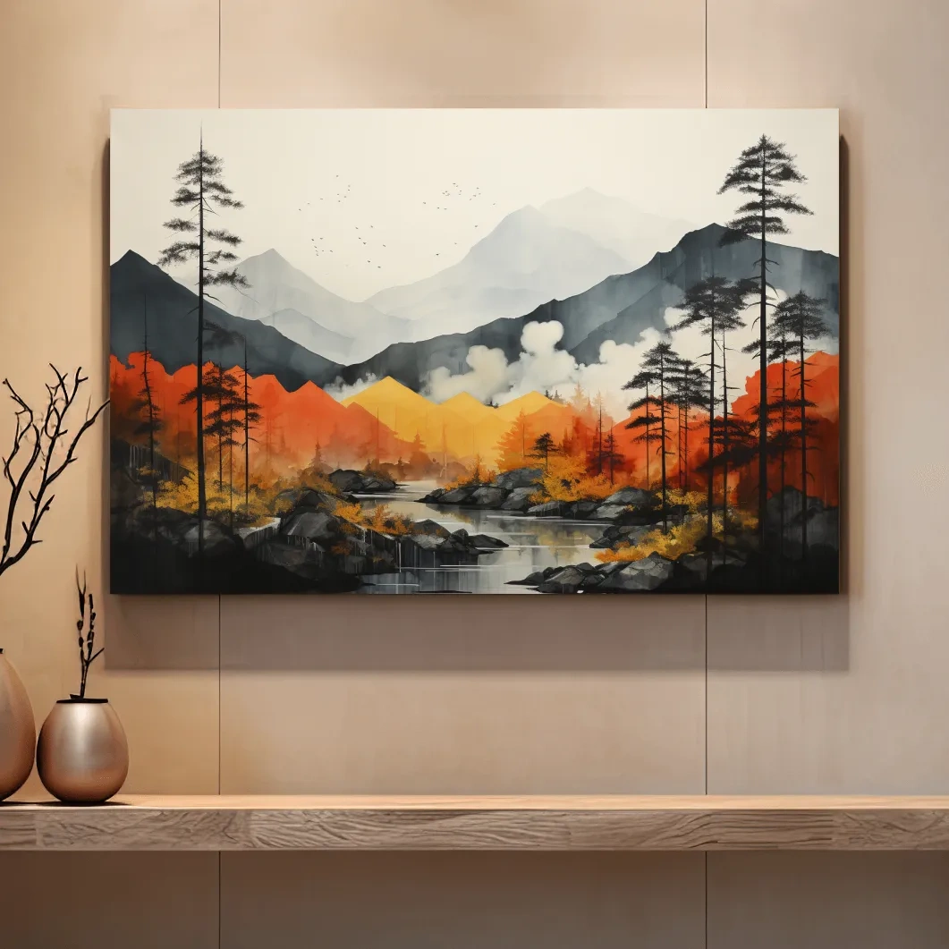 Surreal watercolour painting, colorful mountain scenery