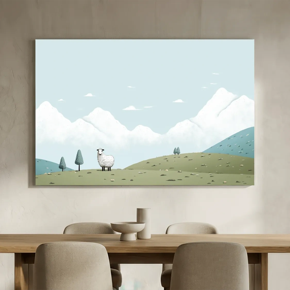 Illustration of a sheep in an alpine landscape