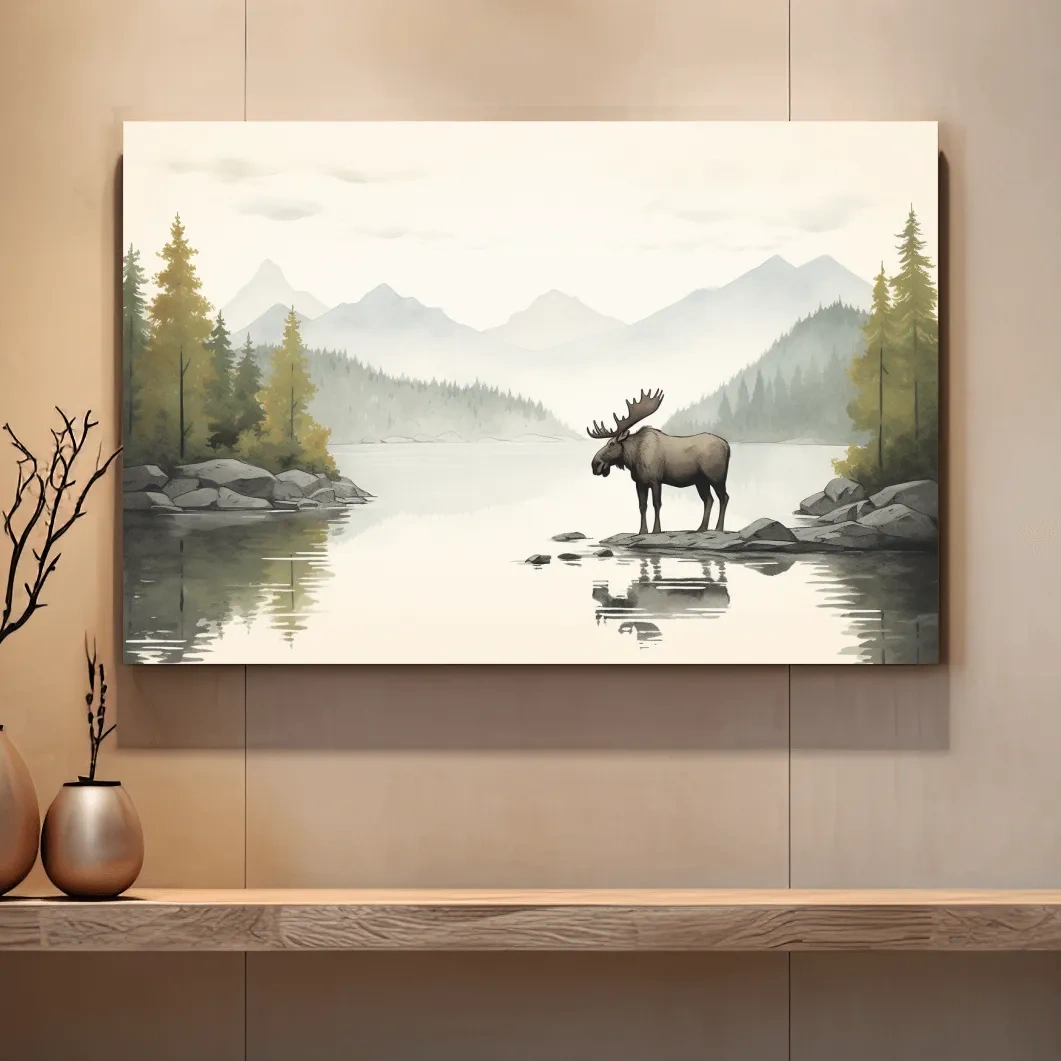 Watercolor Moose By Misty Lake - Mountain Wilderness Nursery Wall Art