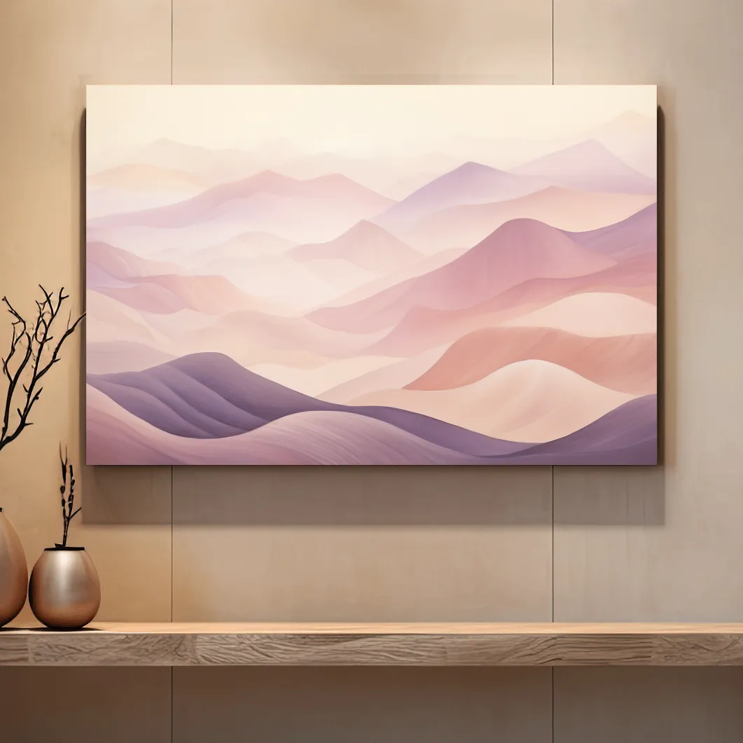 Soft and subtle purple pastel mountains in the fog artwork