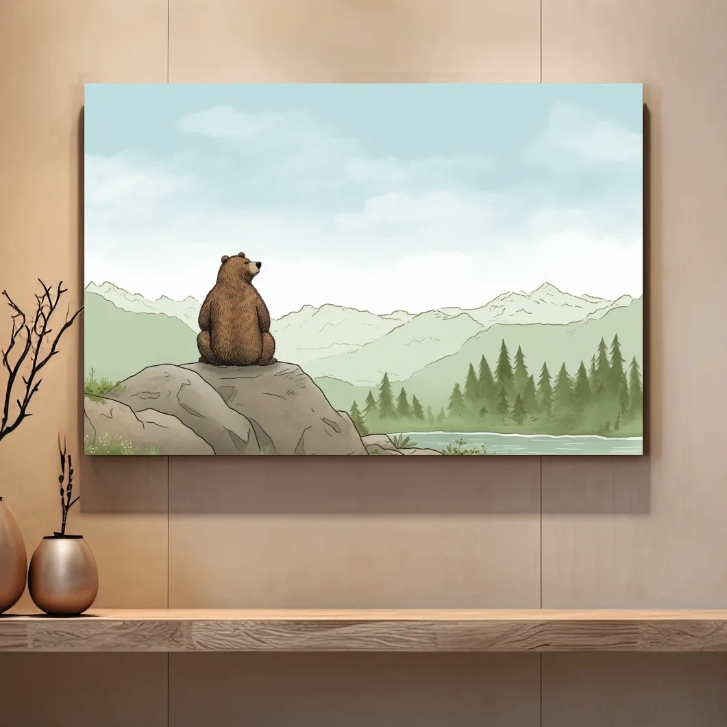 Whimsical Bear Overlooking Mountains - Cute Illustrated Nursery Wall Art