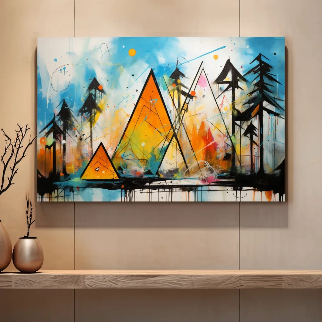 Vibrant Abstract Mountain Peaks And Pines - Colorful Mixed Media Wall Art