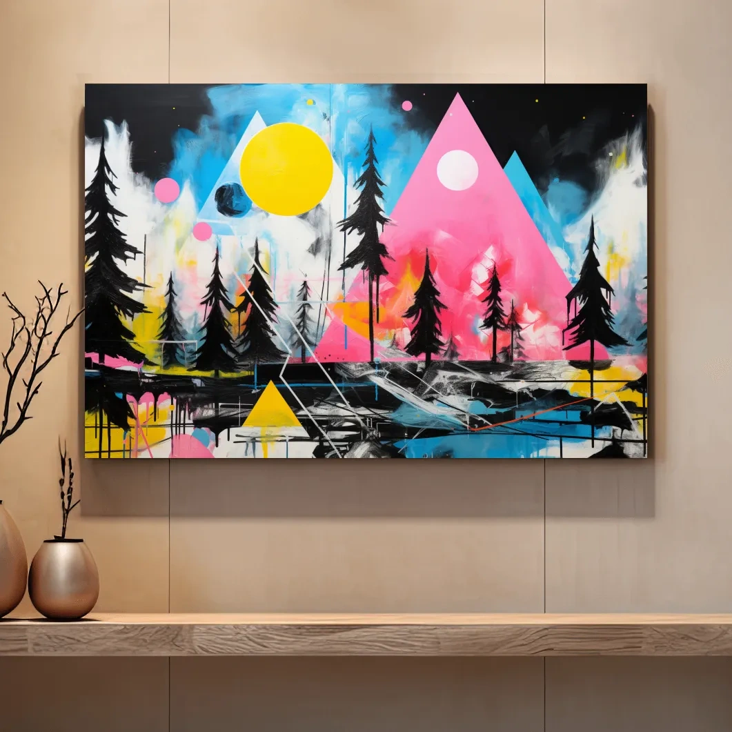 Neon Geometric Mountain Forest Painting - Vibrant Abstract Wall Art