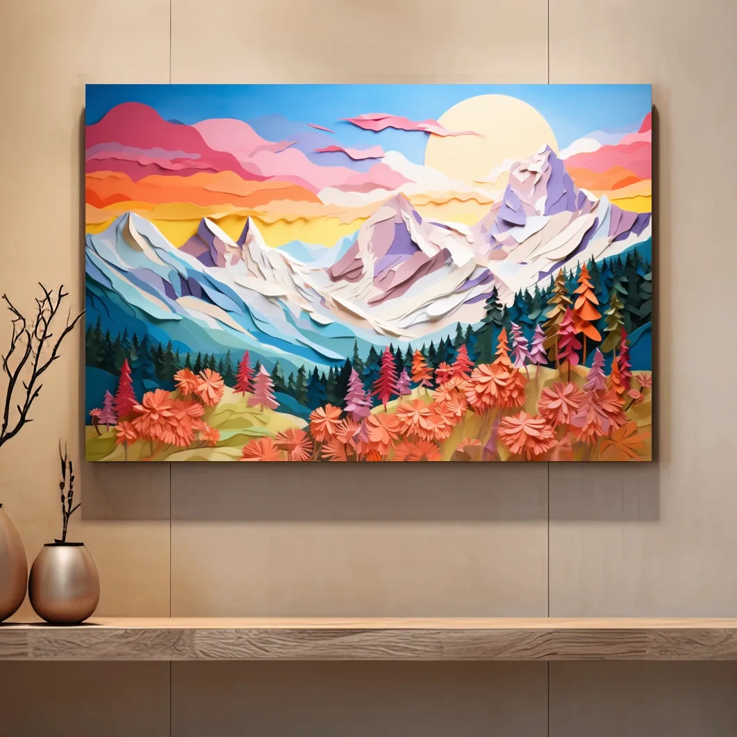 Paper cutout style art of alpine flowers at sunset
