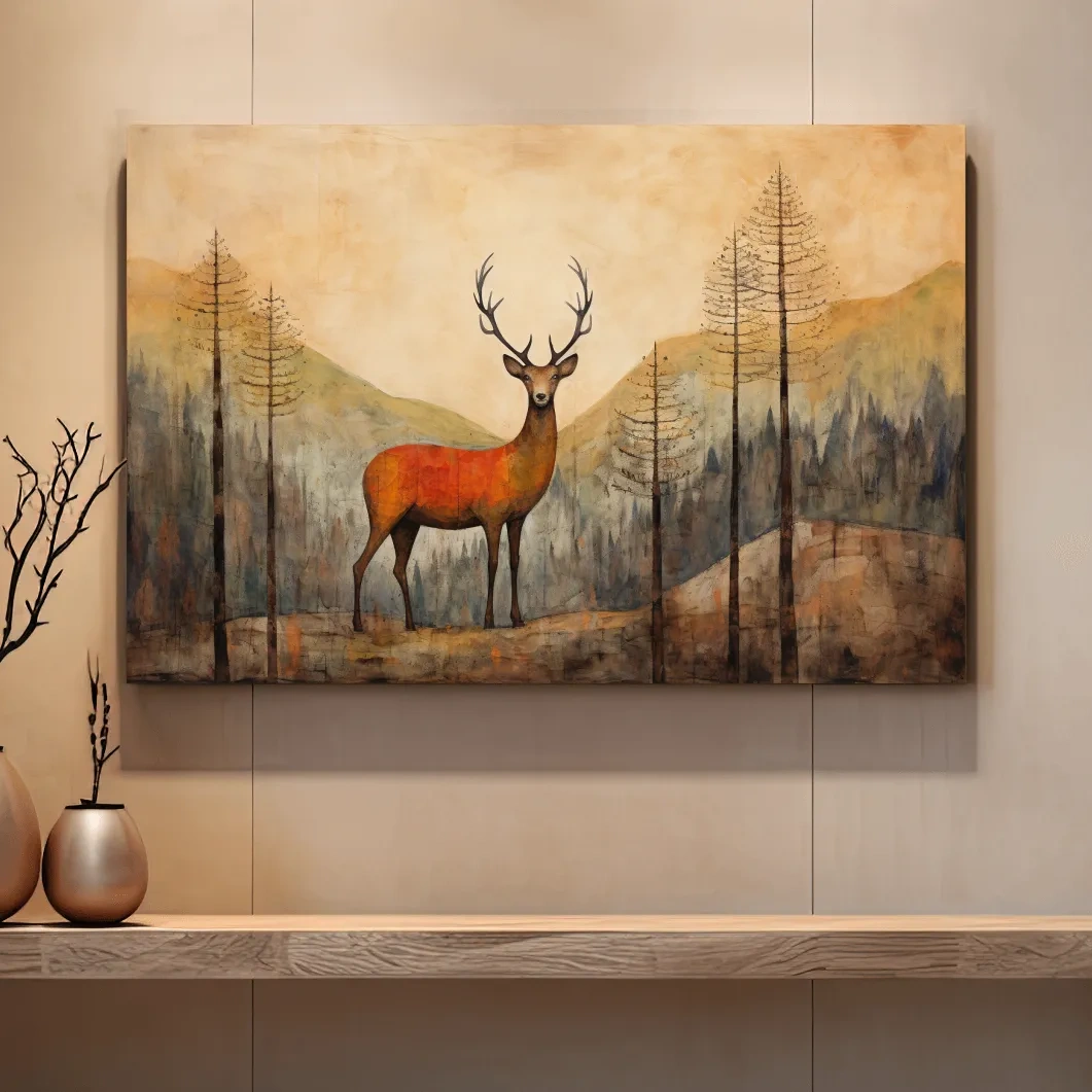 Textured watercolour painting of a deer in the forest