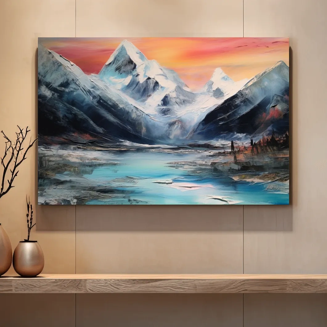 Bold oil painting of a glacier at sunset