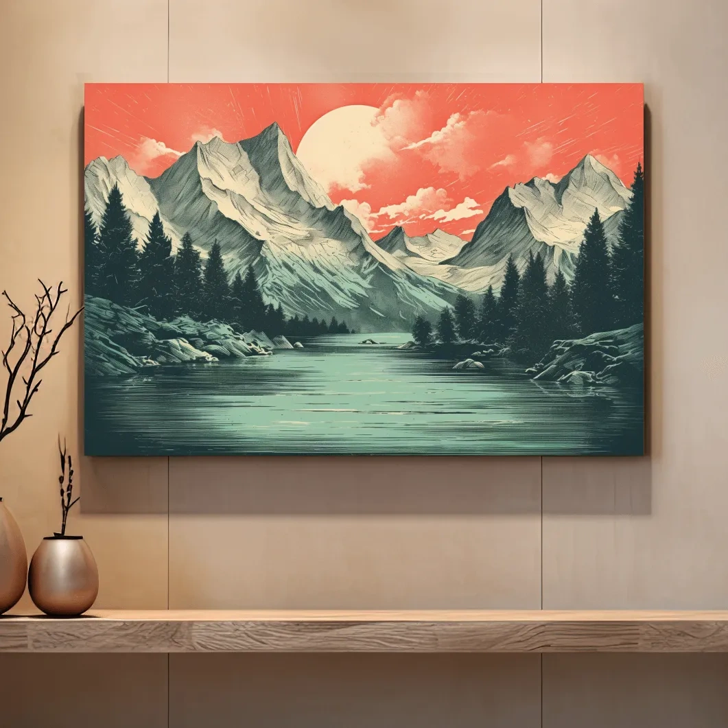 Risograph style illustration of an alpine lake at sunset
