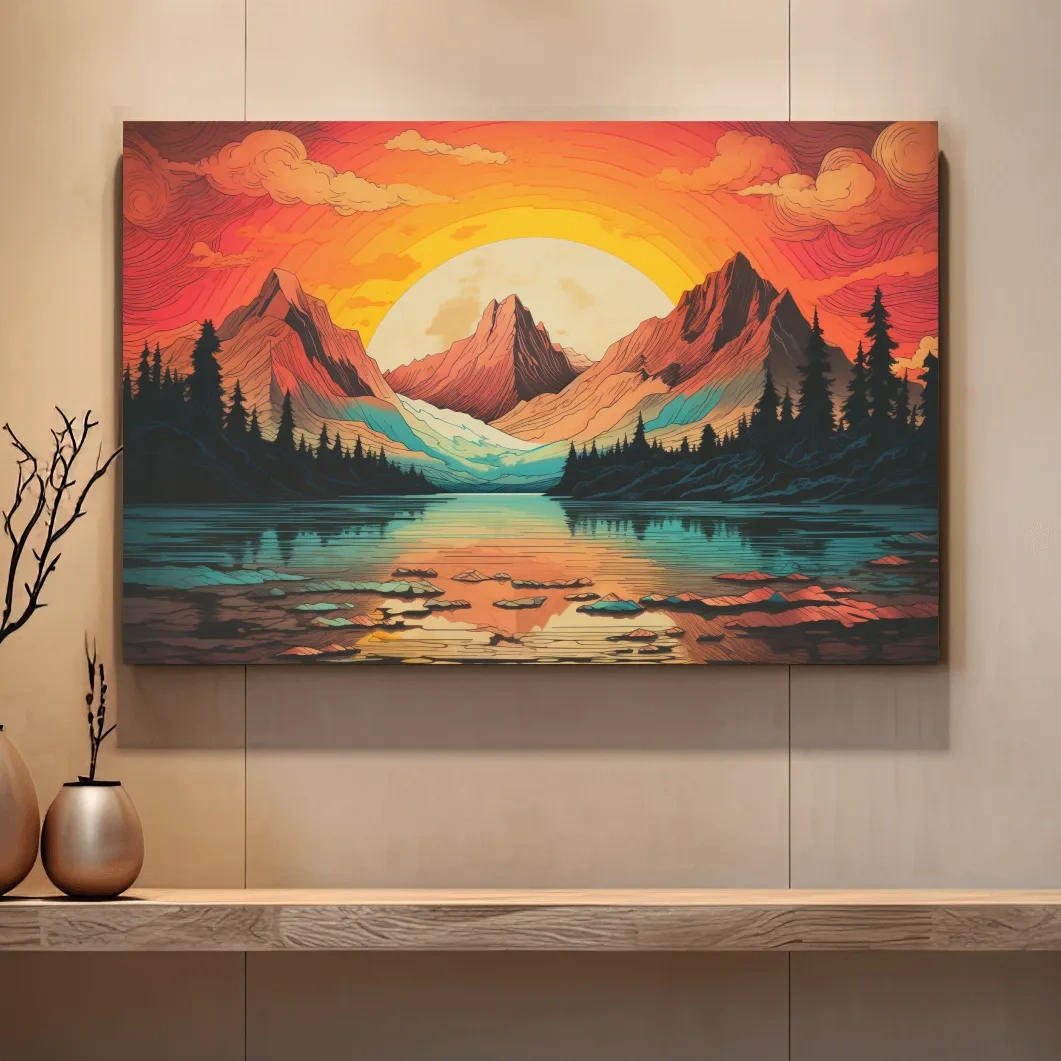 Vibrant illustration of sunset over an alpine lake