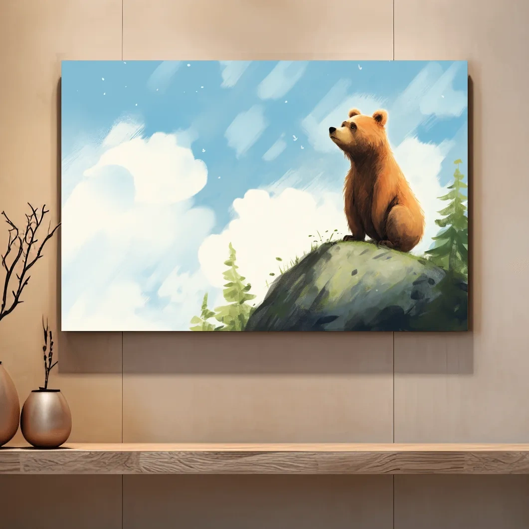 Whimsical Bear Cub On Rocky Peak - Nursery Wildlife Wall Art