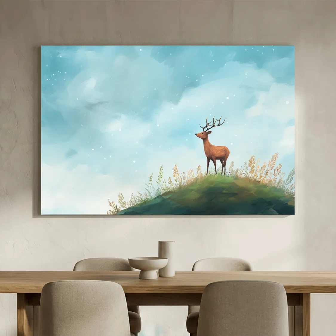 Whimsical Watercolor Stag On Meadow Hill - Nursery Woodland Wildlife Wall Art