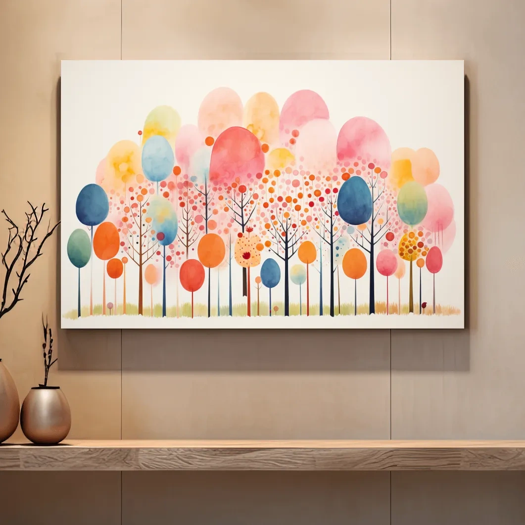 Colorful surreal and whimsical forest painting, pastel colors