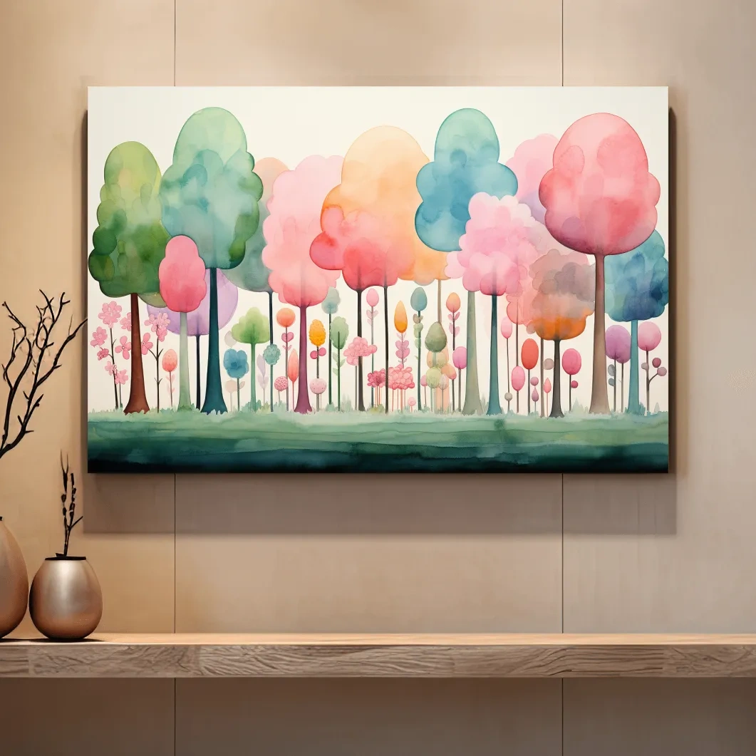 Watercolour painting of a dreamy colourful forest