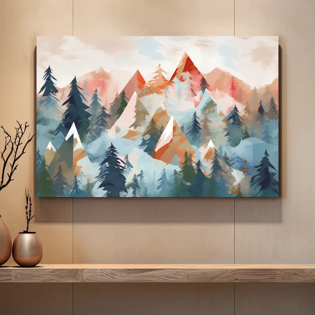 Abstract Watercolor Alpine Mountains And Pine Forest - Modern Geometric Landscape Wall Art