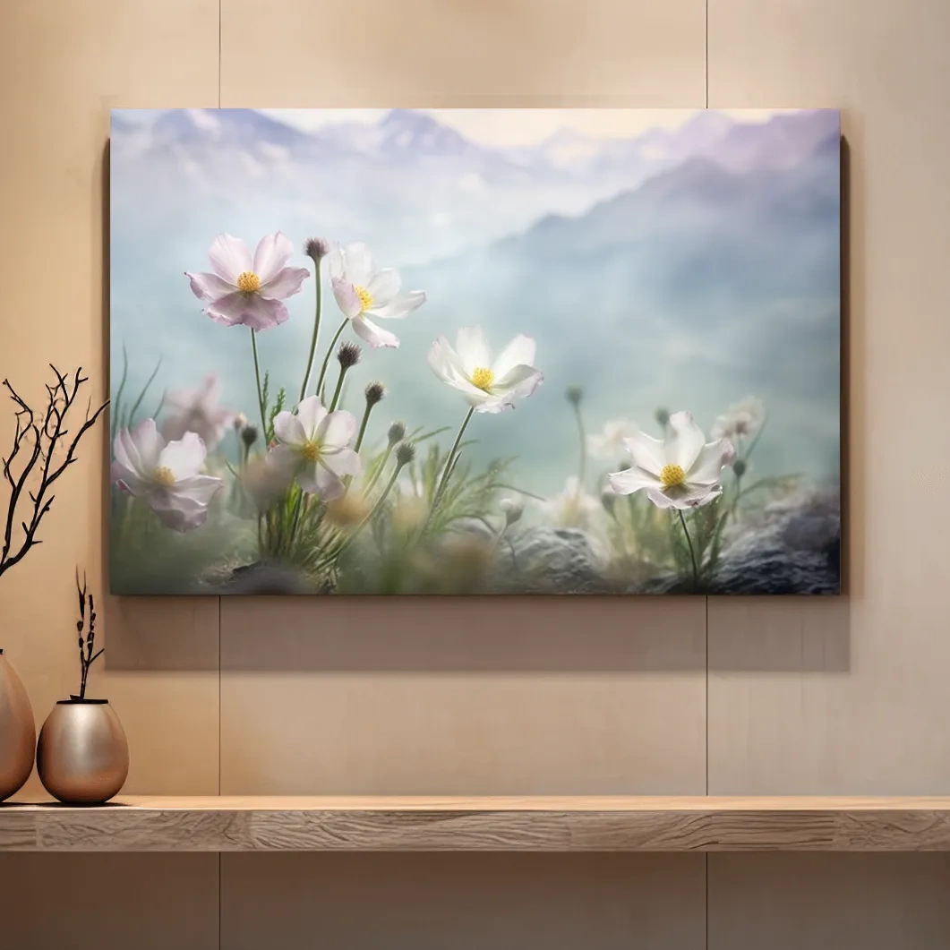 Photographic art of alpine wildflowers in the meadows, floral artwork