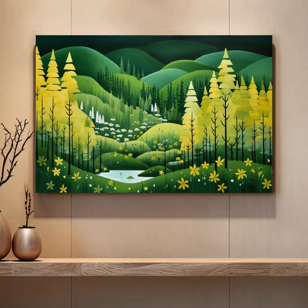 Painting of a pine autumn forest and rolling green hills