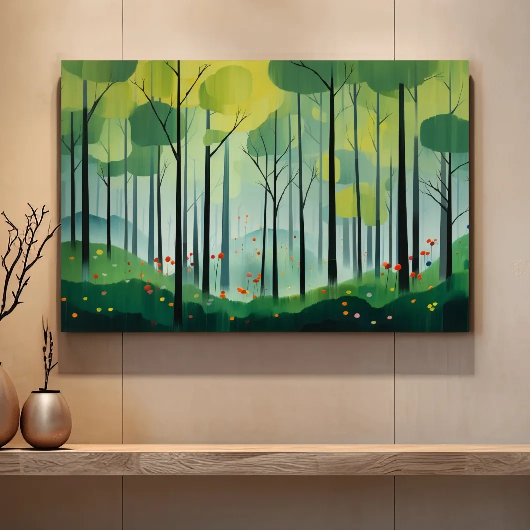 Painting of a bright green forest