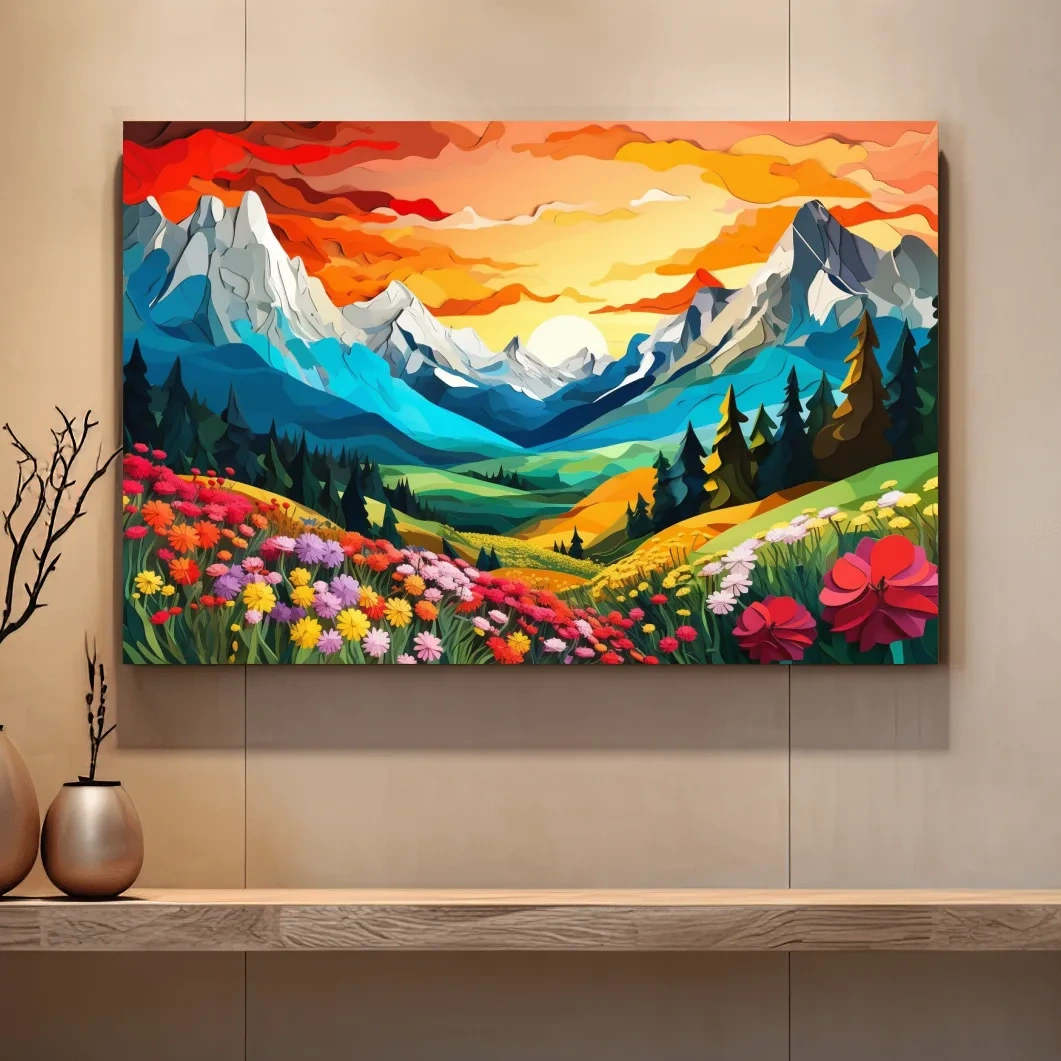 Vibrant paper cutout style art of an alpine meadow at sunset