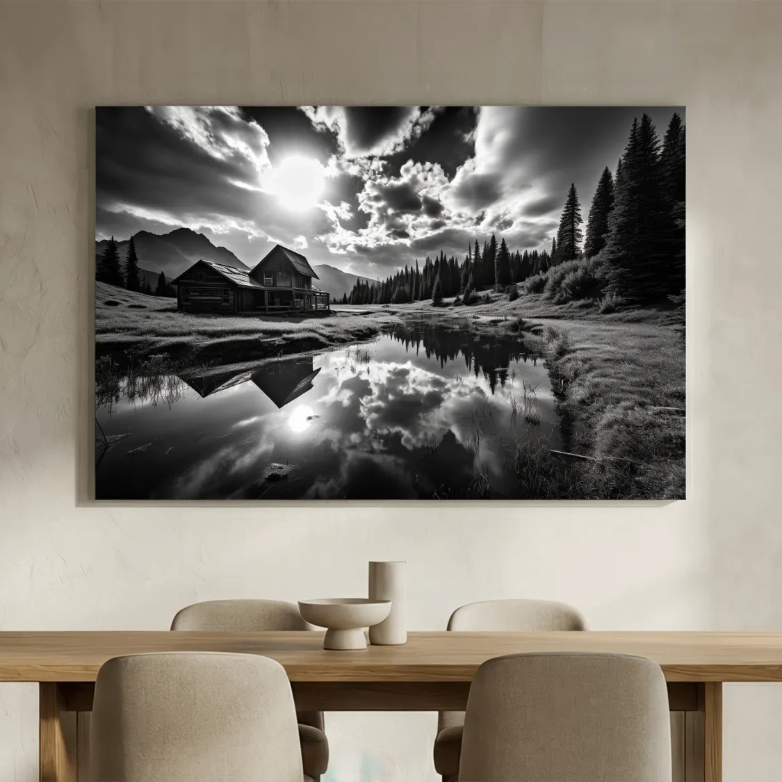 Moody Black And White Mountain Cabin Reflection - Dramatic Alpine Landscape Photography Wall Art