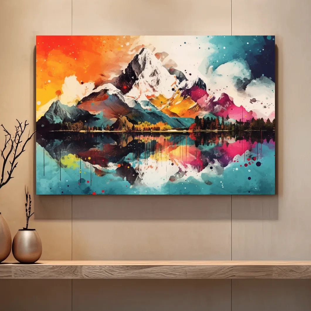 Vibrant Abstract Mountain Lake Collage Artwork - Colorful Watercolor Splash Wall Art