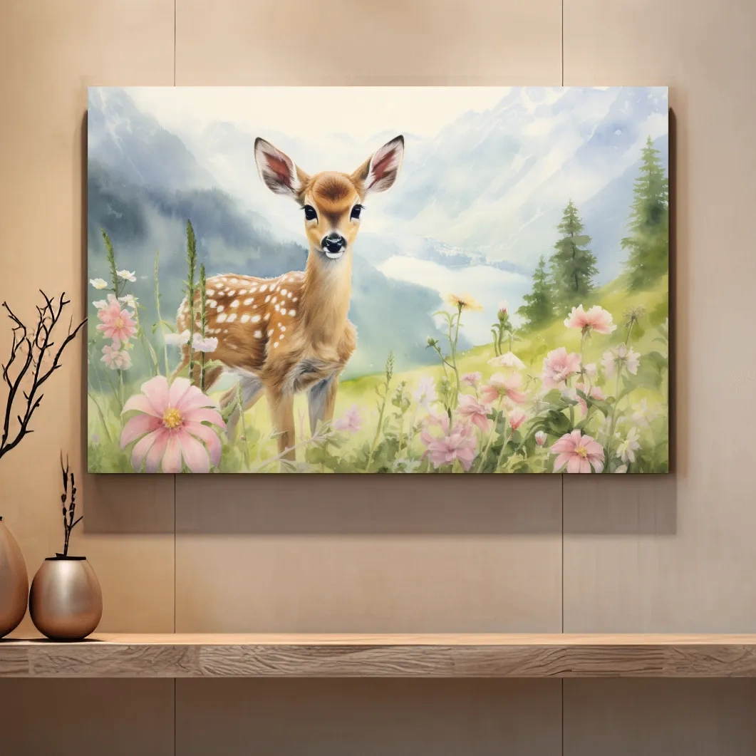 Painting of a deer fawn in the alpine meadows