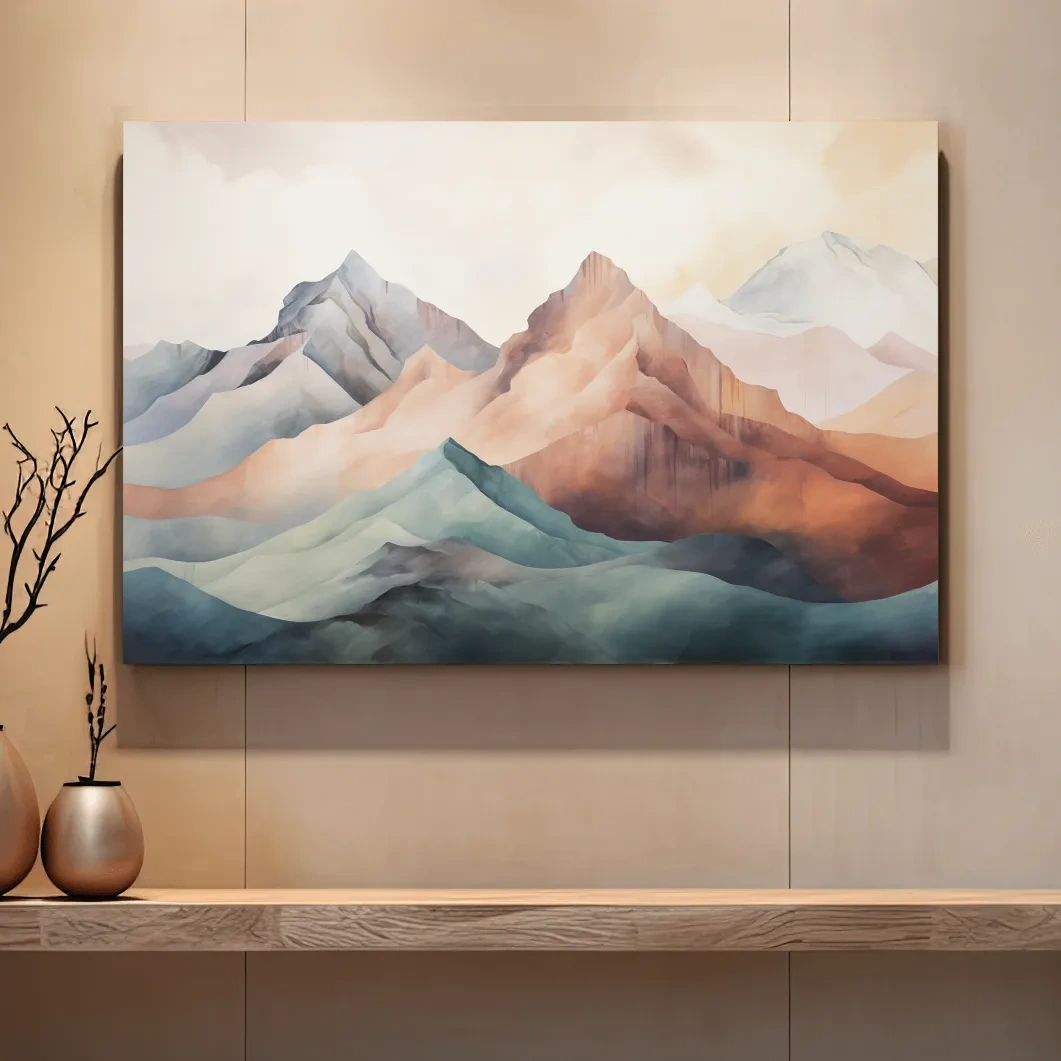 Subtle pastel mountain painting artwork on canvas