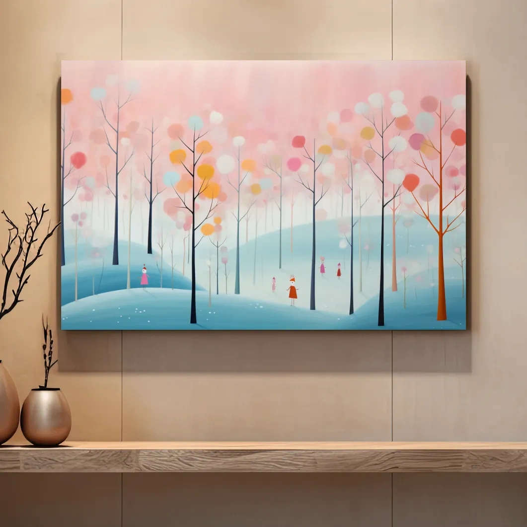 Quirky illustration artwork of a pastel forest