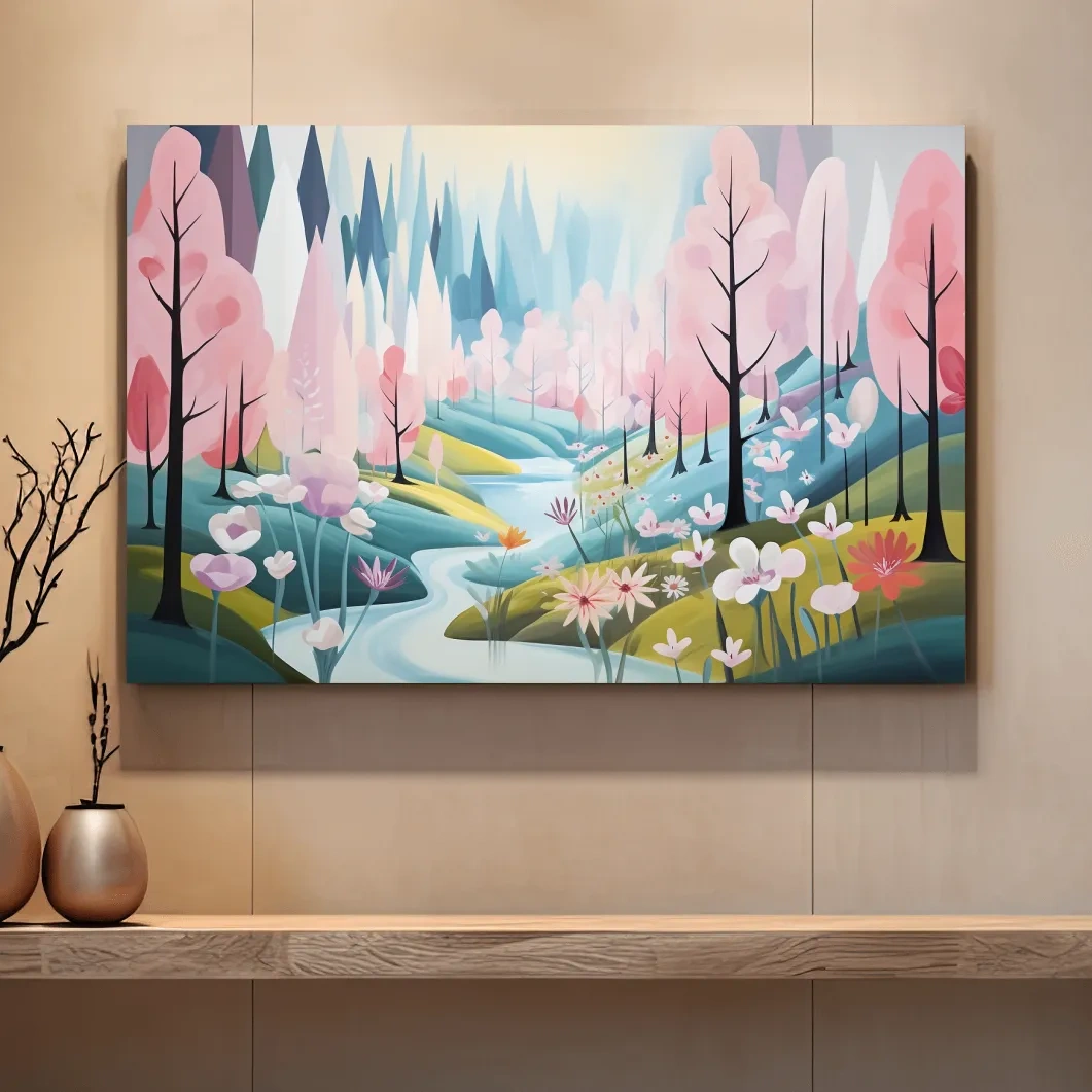 Dreamy Pastel Pink Blossom Forest - Whimsical Floral Landscape Wall Art