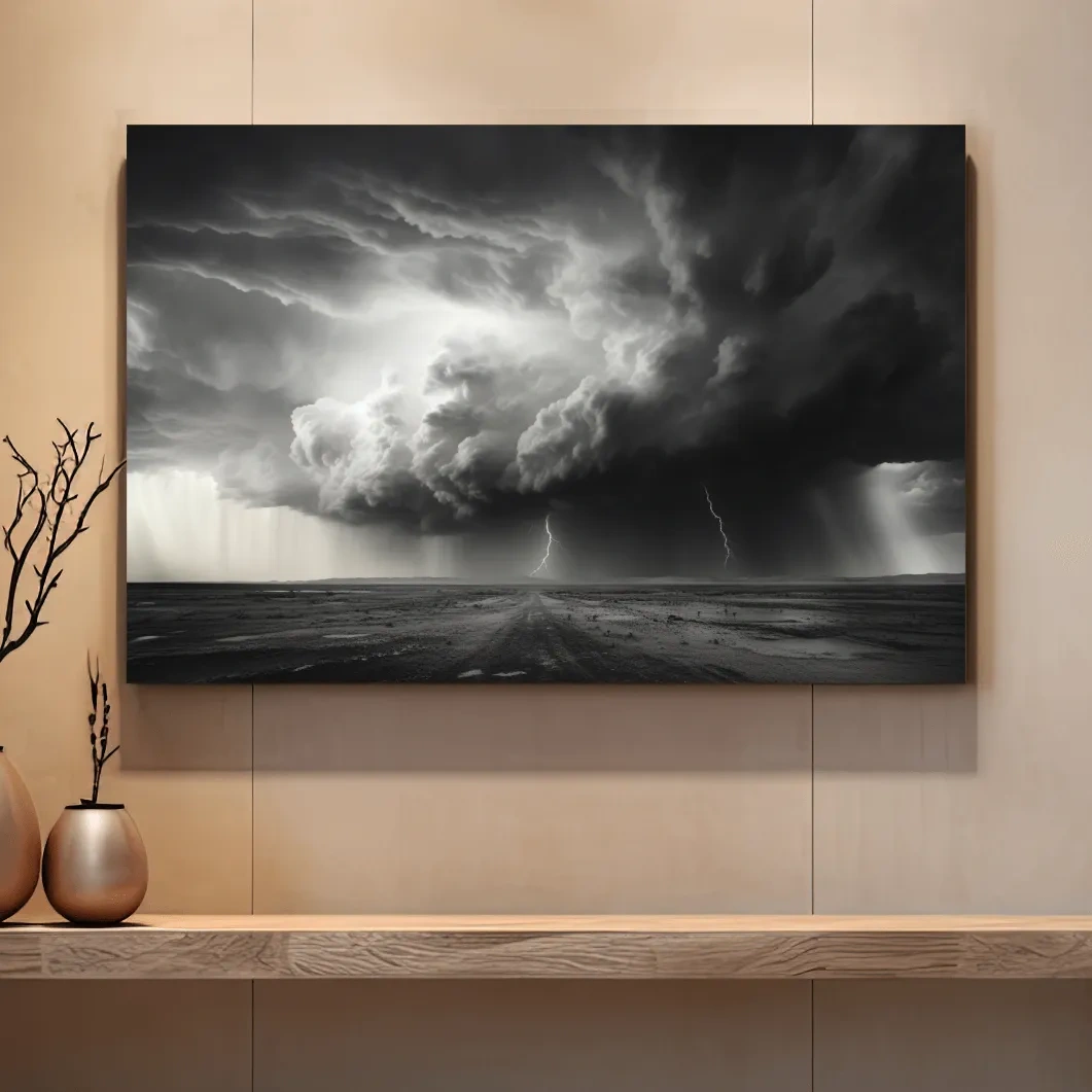 High contrast black and white photo of a lightning storm