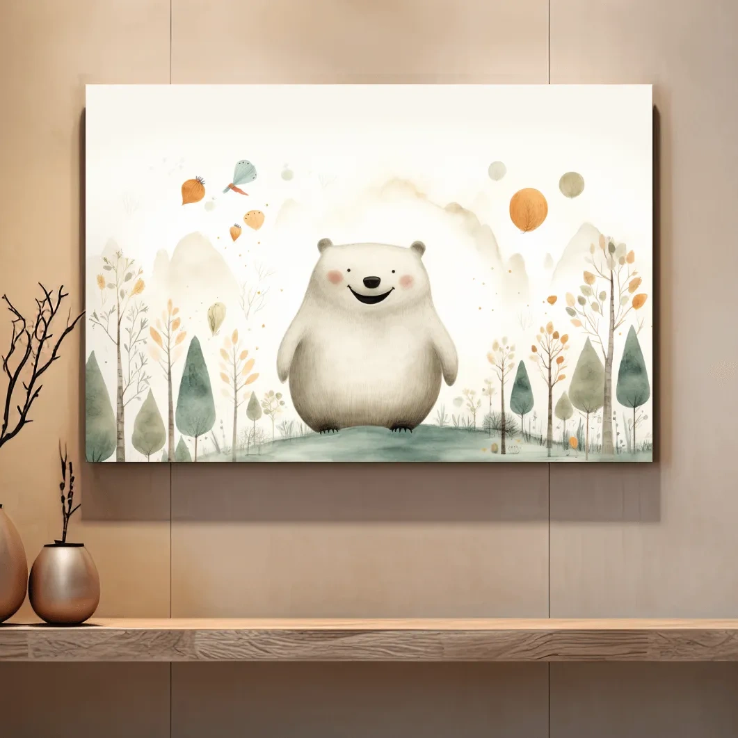 Storybook nursery art, happy bear in the forest