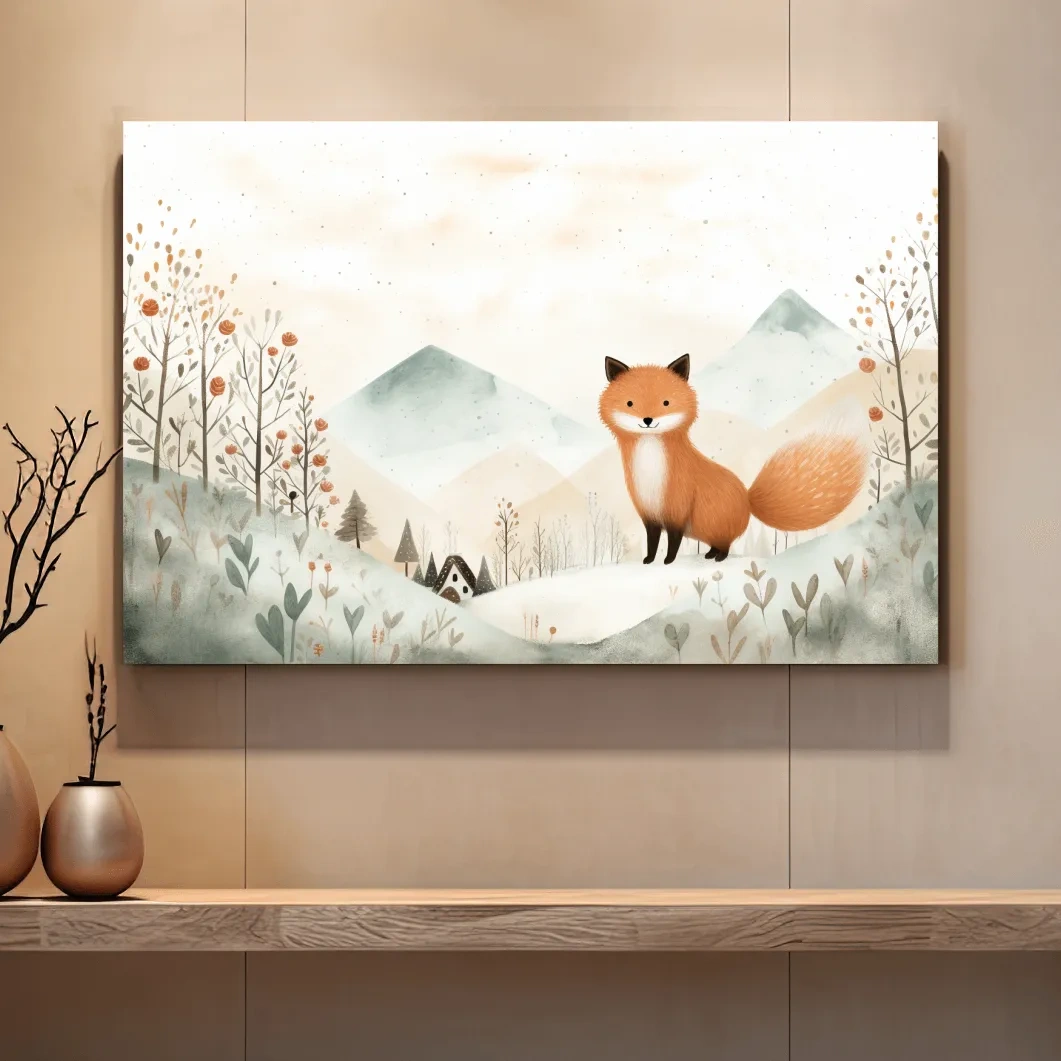 Cute happy fox in the mountains, childrens storybook illustration artwork