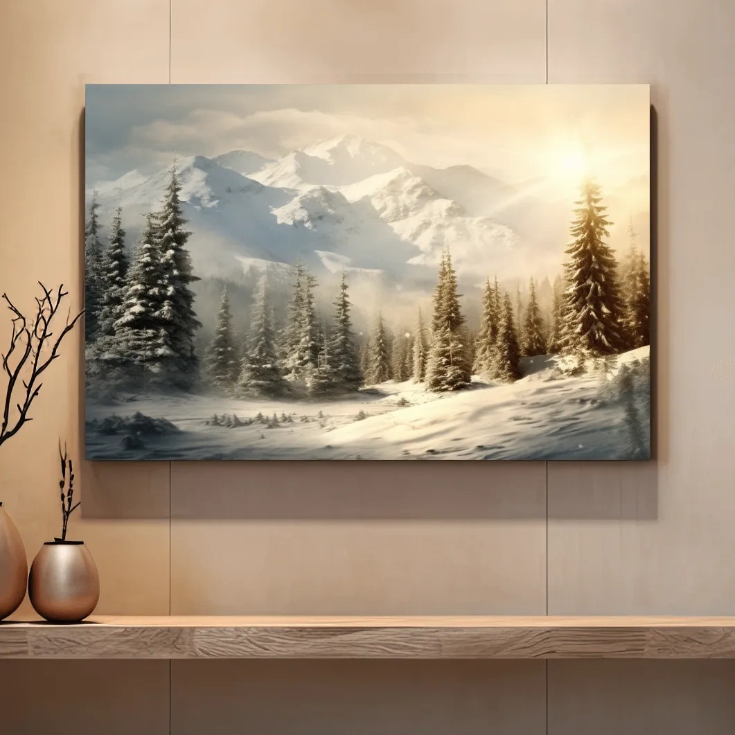 Snow covered mountains at sunrise, realistic painting