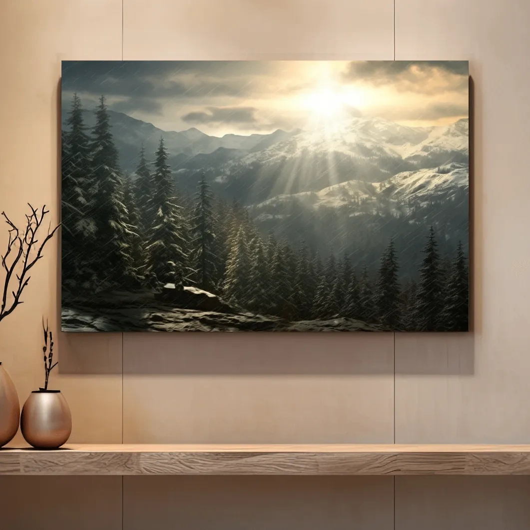 Sunset snowstorm, realistic snow mountain painting