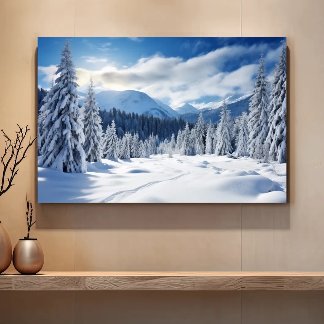 Snowy Alpine Mountain Forest Landscape - Winter Wilderness Photographic Wall Art