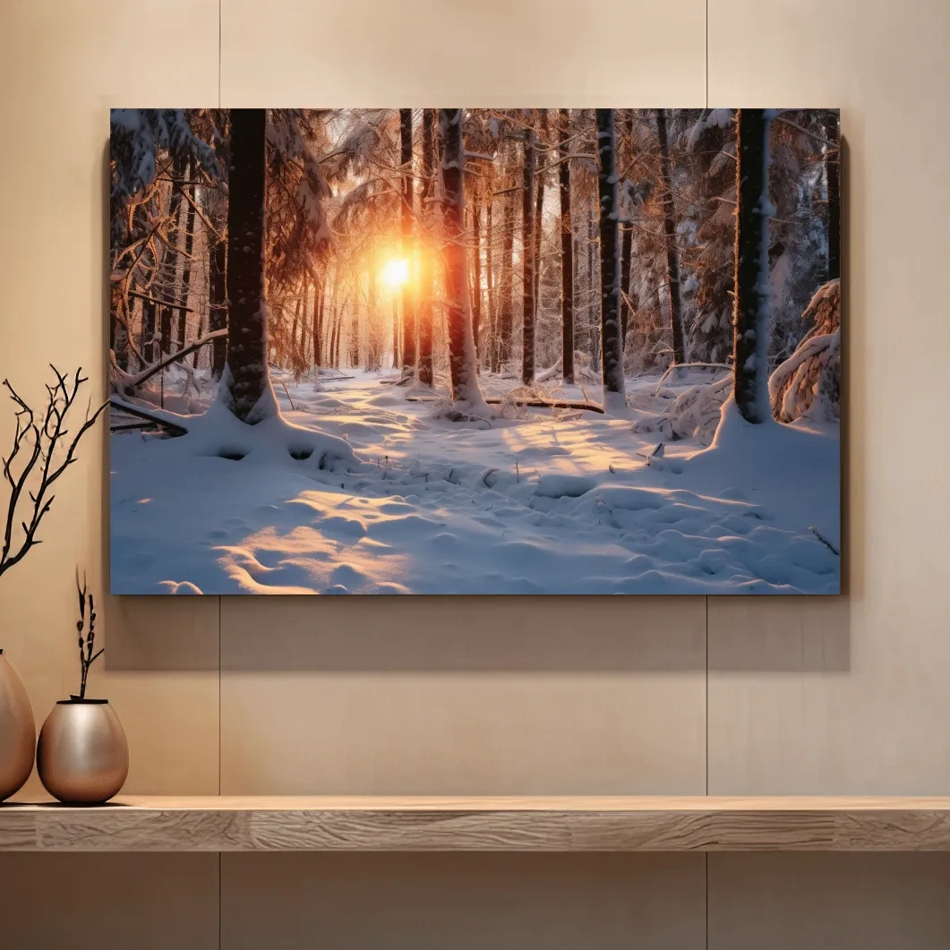 Golden Winter Sunrise Snowy Forest - Serene Nature Landscape Wall Art