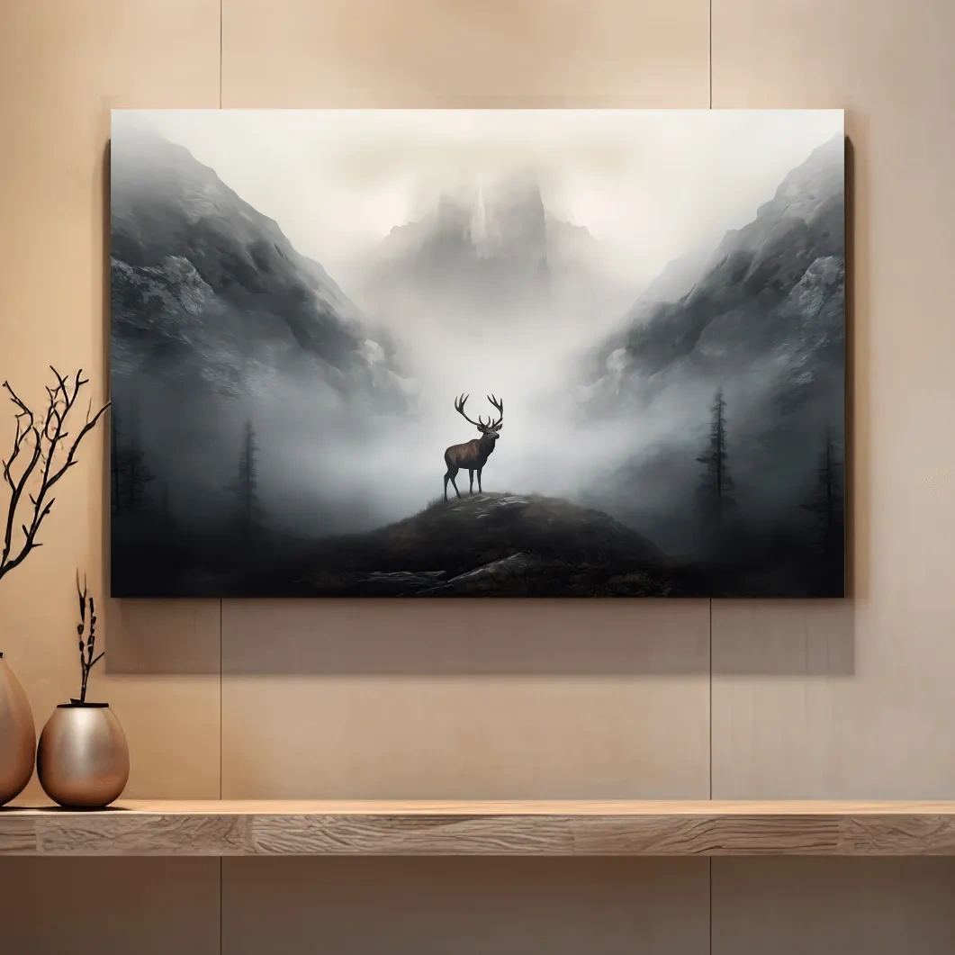 Painting of a majestic deer standing in the fog