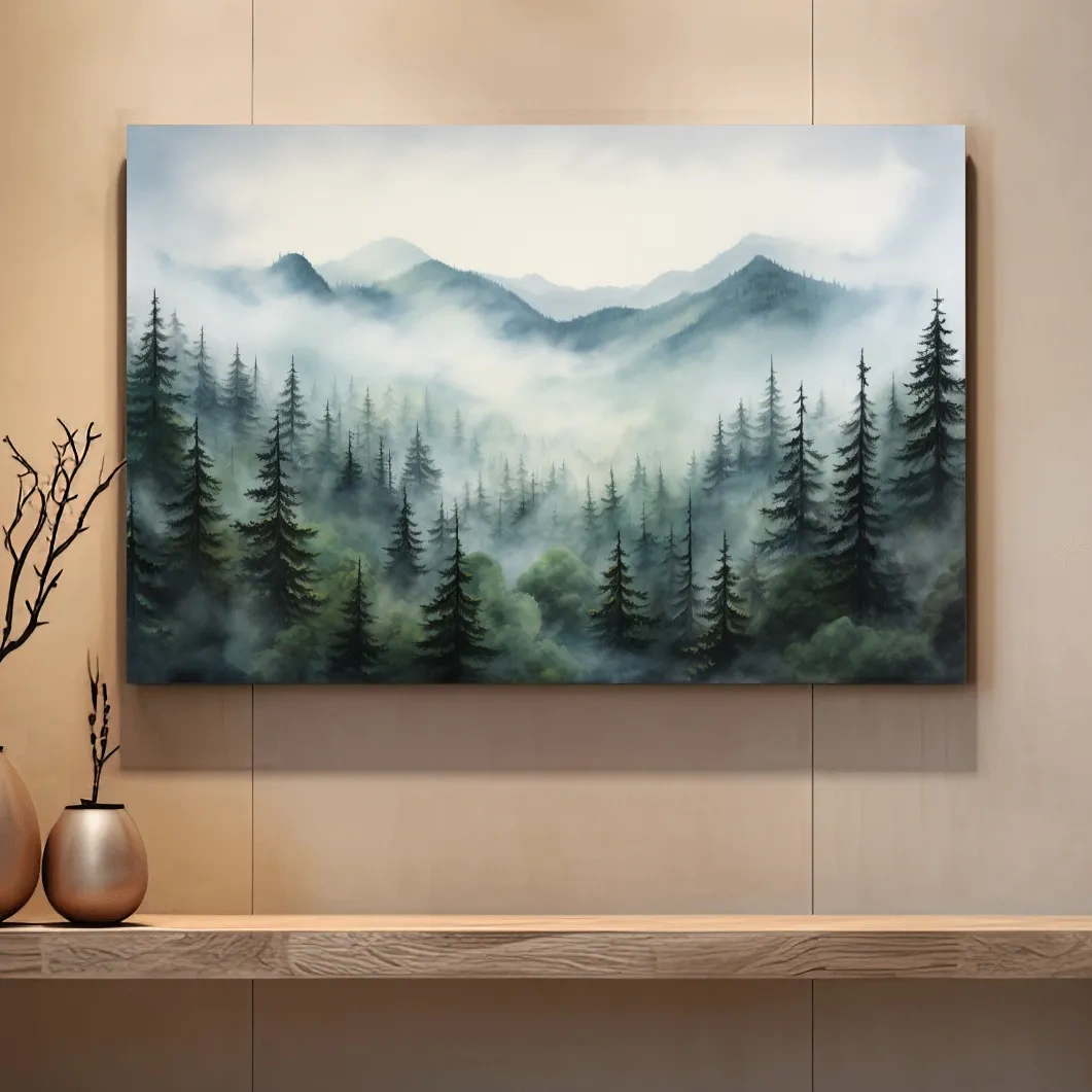 Misty Alpine Forest Painting - Foggy Mountain Landscape Art