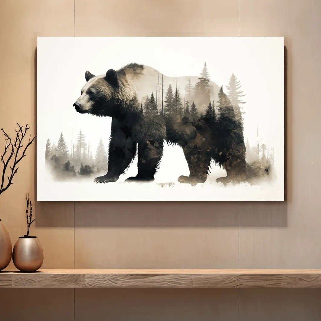 Double exposure artwork, a grizzly bear and a forest
