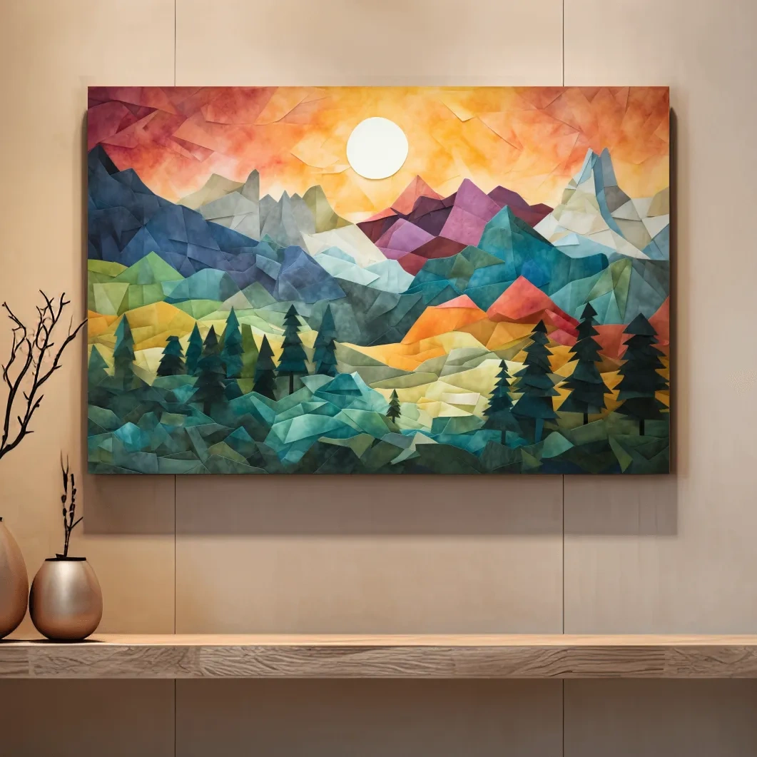 Abstract alpine mountain art at sunset, mixed media patchwork style