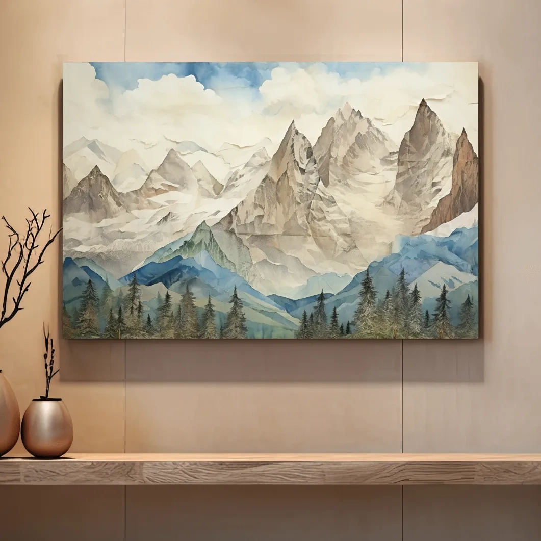 Glacier alpine forest artwork, textured effect mixed-media style wall art