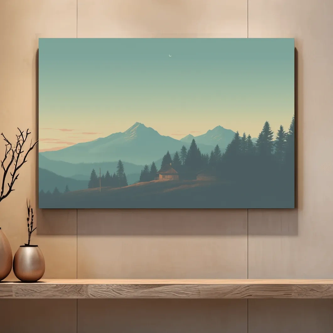 Mountain cabin in the hazy dusk, postcard style art