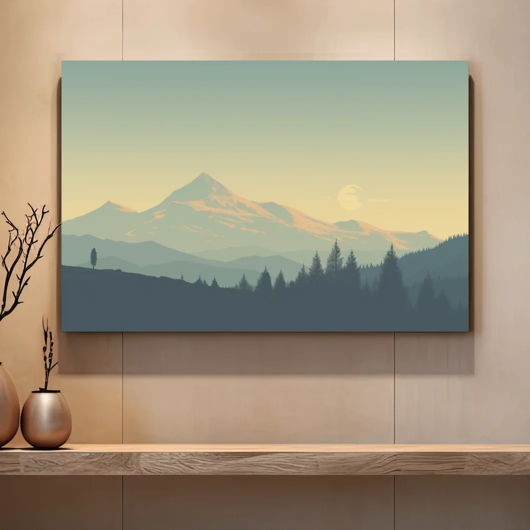 Dusk over the glacier, hazy forest silhouette vector illustration