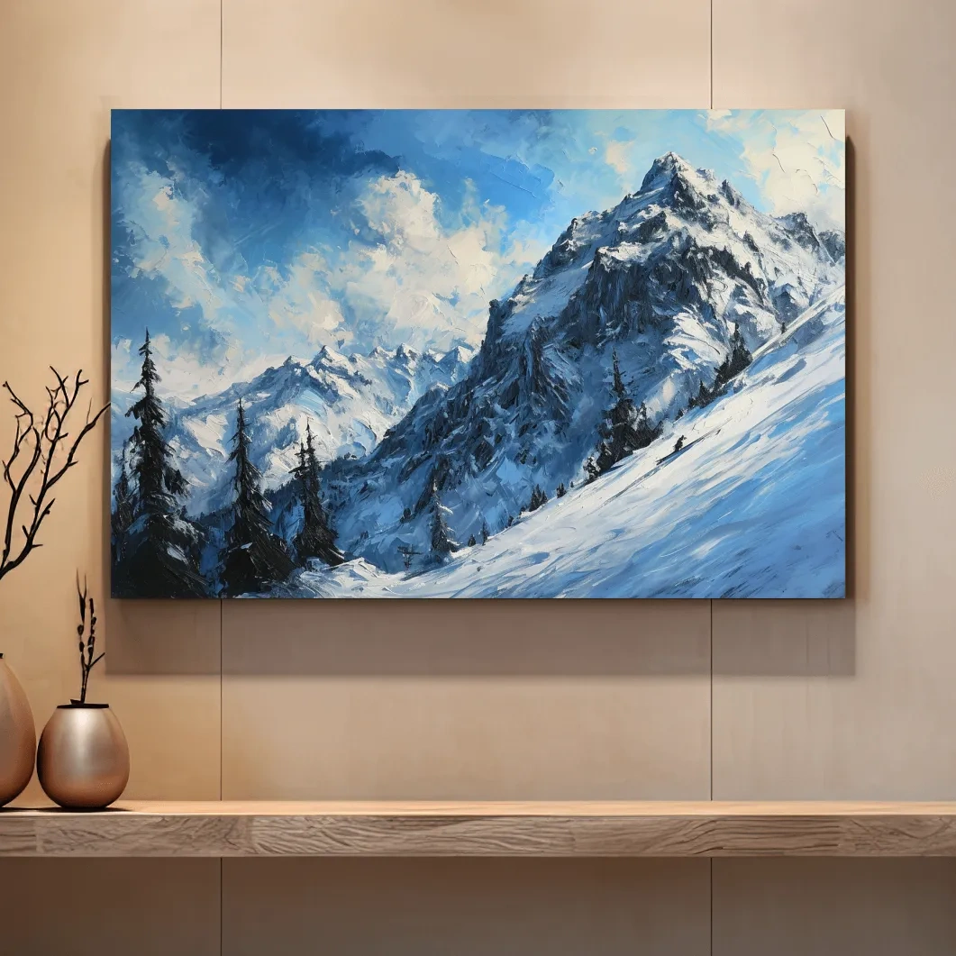 Alpine Snowy Peak Oil Painting - Moody Mountain Landscape Wall Art