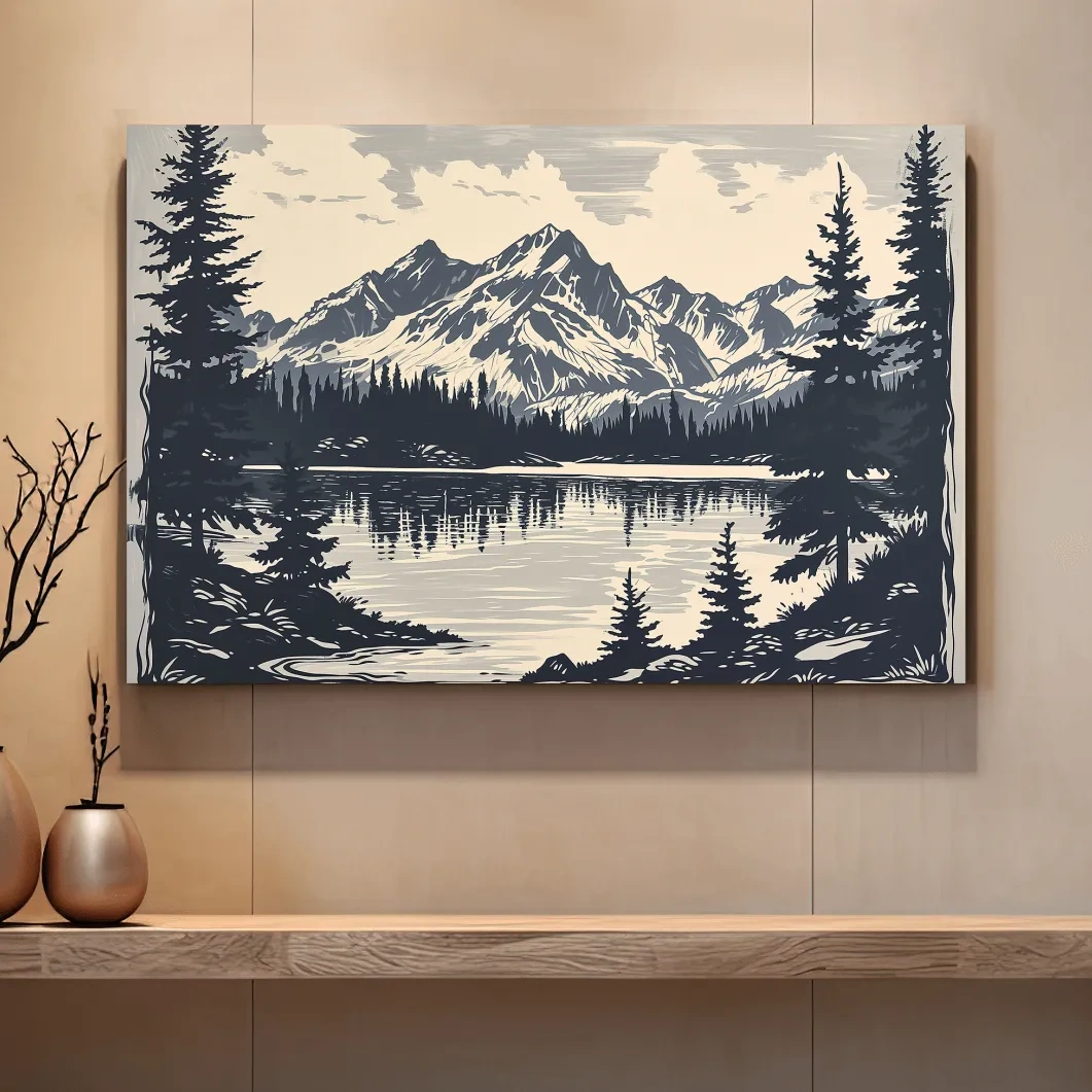 Alpine lake artwork, linocut style art